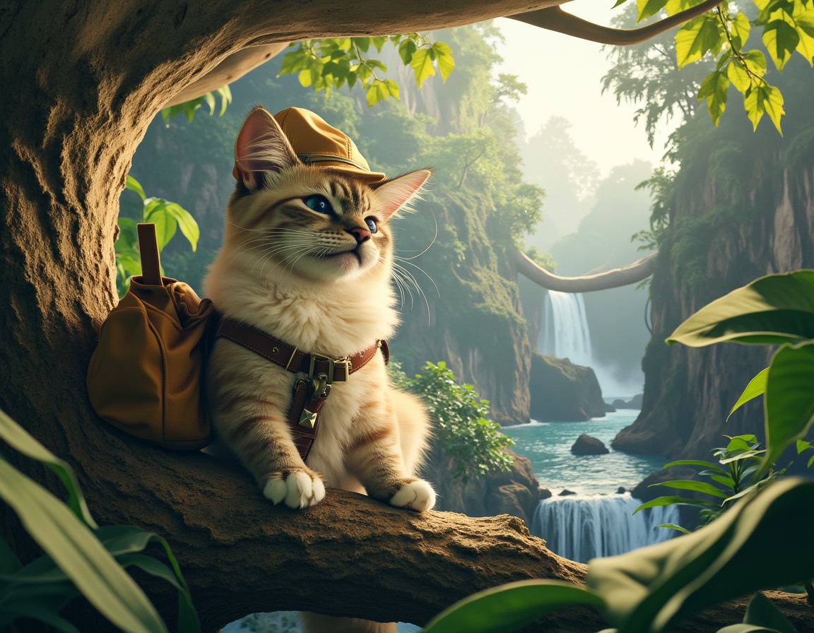 Cat wearing an explorer’s hat climbs a tree in a lush jungle. Waterfalls and dense greenery surround the scene, with sunlight filtering through the canopy.